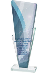 Trofeum szklane z nadrukiem kolorowym LuxorJet, grawerowaniem oraz wypełnieniem farbą